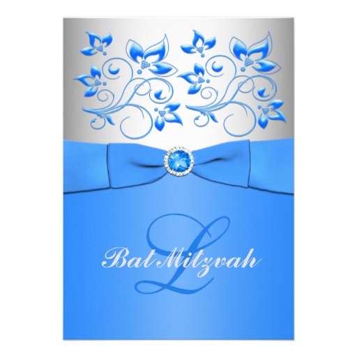 Monogram Blue Silver Floral Bat Mitzvah Invitation
