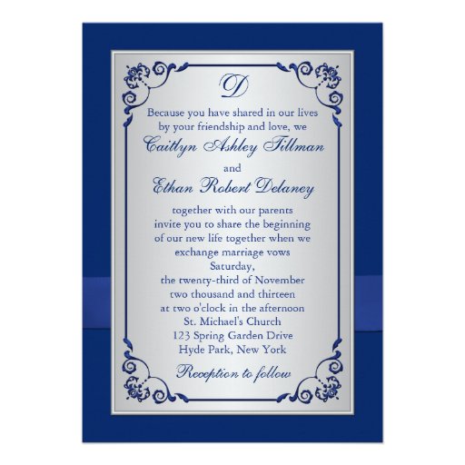 Monogram Blue, Silver Floral PHOTO Wedding Invite