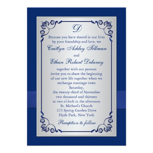 Monogram Blue, Silver Floral Wedding Invitation