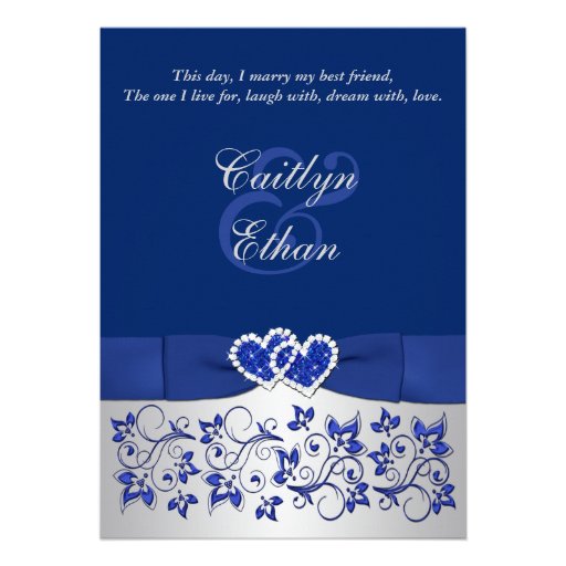 Monogram Blue, Silver Floral Wedding Invitation