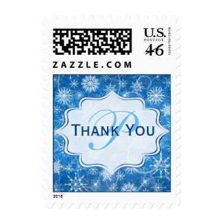 Monogram Blue, White Snow Flake Thankyou Postage
