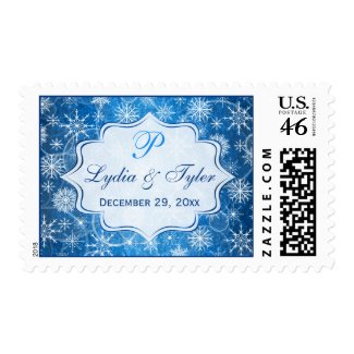 Monogram Blue, White Snow Flakes Wedding Postage
