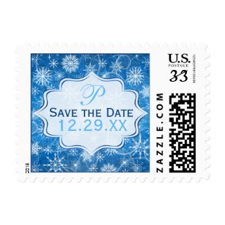 Monogram Blue, White Snowflake Save the Date Stamp
