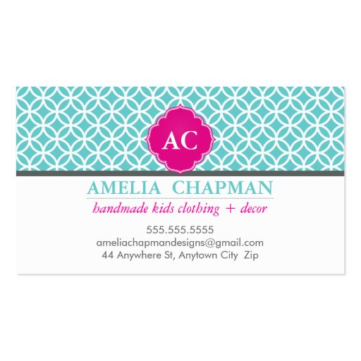 MONOGRAM bold geometric circles turquoise pink Business Card Templates (front side)
