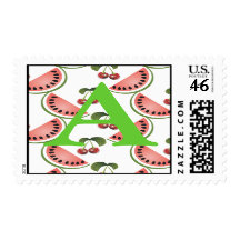 Monogram Cherry Watermelon Postage Stamp Letter A
