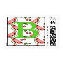 Monogram Cherry Watermelon Postage Stamp Letter B
