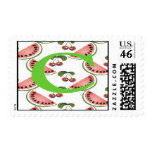 Monogram Cherry Watermelon Postage Stamp Letter C