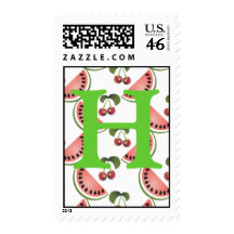 Monogram Cherry Watermelon Postage Stamp Letter H
