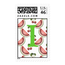 Monogram Cherry Watermelon Postage Stamp Letter I