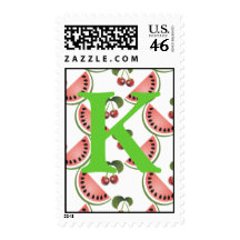 Monogram Cherry Watermelon Postage Stamp Letter K