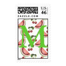 Monogram Cherry Watermelon Postage Stamp Letter M