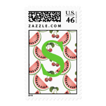 Monogram Cherry Watermelon Postage Stamp Letter S