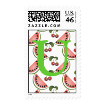 Monogram Cherry Watermelon Postage Stamp Letter U