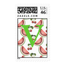 Monogram Cherry Watermelon Postage Stamp Letter V
