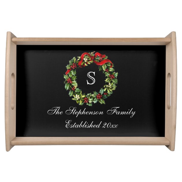 Monogram Classic Holly Wreath Custom Christmas Serving Platters