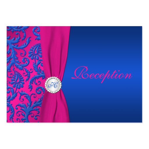 Monogram Cobalt and Fuchsia Damask Enclosure Card Business Card (front side)