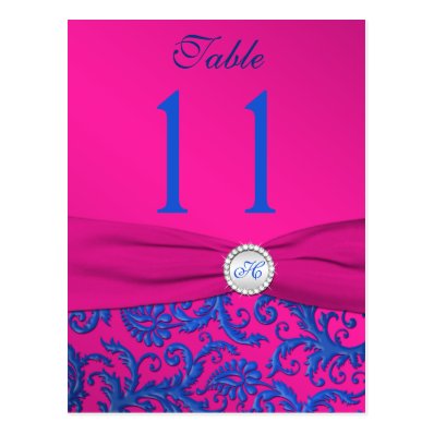 Monogram Cobalt and Fuchsia Damask Table Number Postcard