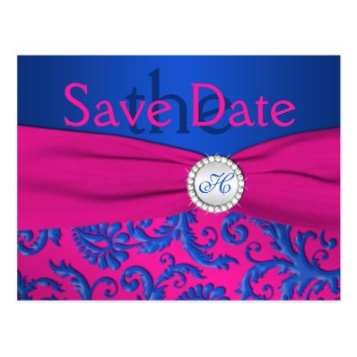 Monogram Cobalt and Fuchsia Save the Date Card Post Card