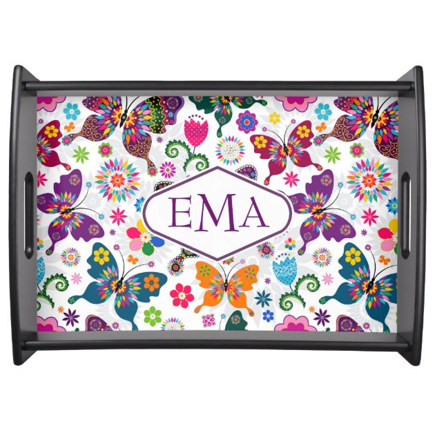 Monogram Colorful Butterflies & Flowers Pattern Serving Trays-1