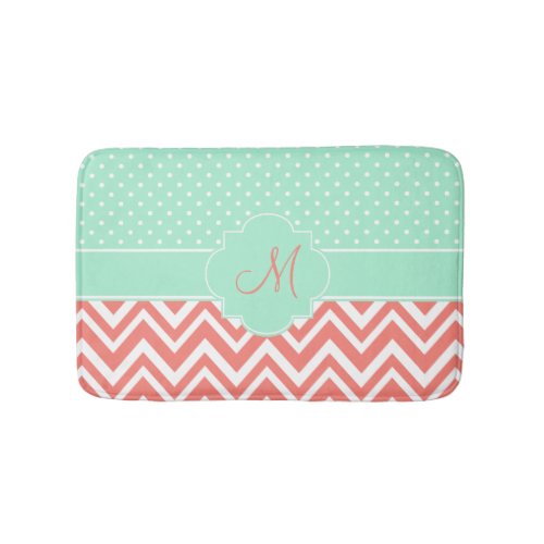 Monogram Coral Chevron with Mint Polka Dot Pattern Bath Mats