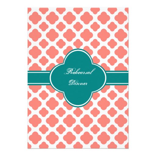 Monogram Coral Pink and Teal Quatrefoil Wedding Personalized Invitation