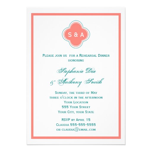 Monogram Coral Pink and Teal Quatrefoil Wedding Personalized Invitation