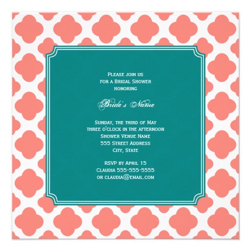 Monogram Coral Pink Quatrefoil Pattern with Teal Personalized Invitations