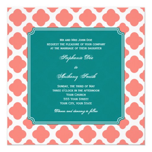 Monogram Coral Pink Quatrefoil Pattern with Teal Announcements