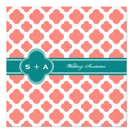 Monogram Coral Pink Quatrefoil Pattern with Teal Announcements