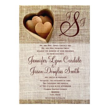 Monogram Country Wooden Hearts Burlap Wedding Cards