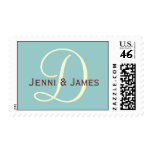 Monogram Cream Blue Brown Wedding Postage Stamp