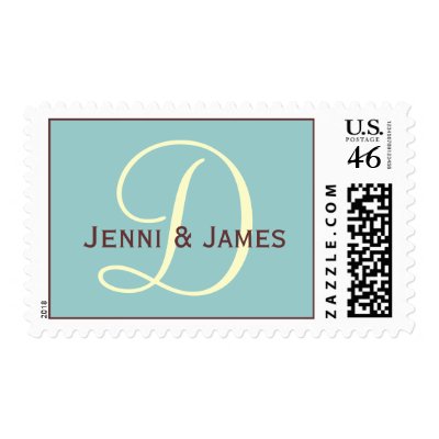 Monogram Cream Blue Brown Wedding Postage Stamp