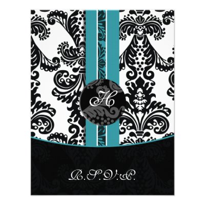 monogram damask aqua rsvp cards announcements