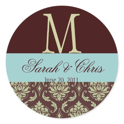 Monogram Damask Brown Blue Wedding Seal Round Sticker