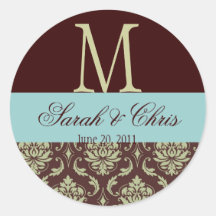 Monogram Damask Brown Blue Wedding Seal Round Sticker