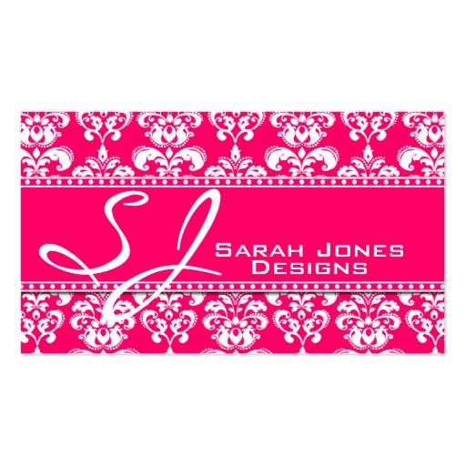 Monogram Damask Business Cards Pink and White