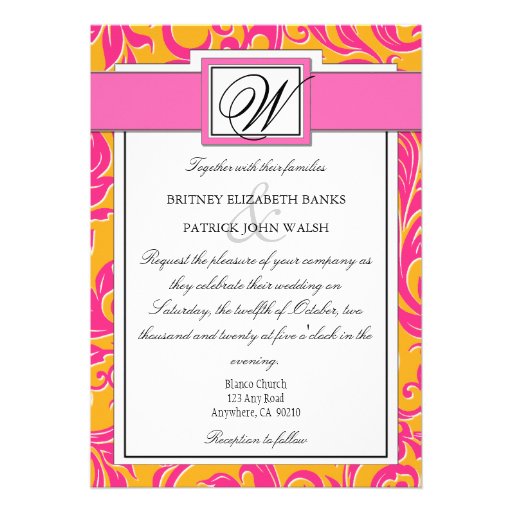 Monogram Damask Orange & Pink Wedding Invitations