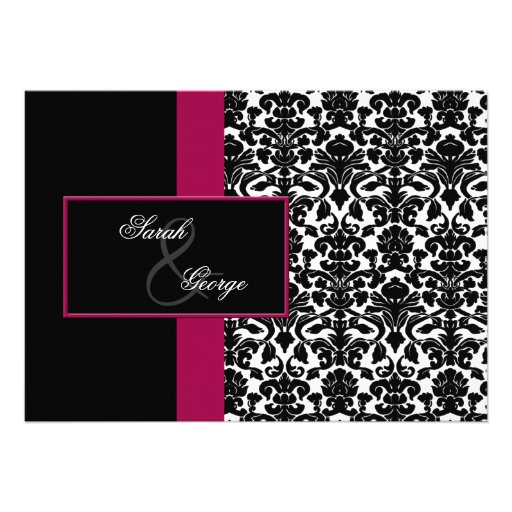 monogram damask pink wedding invitation