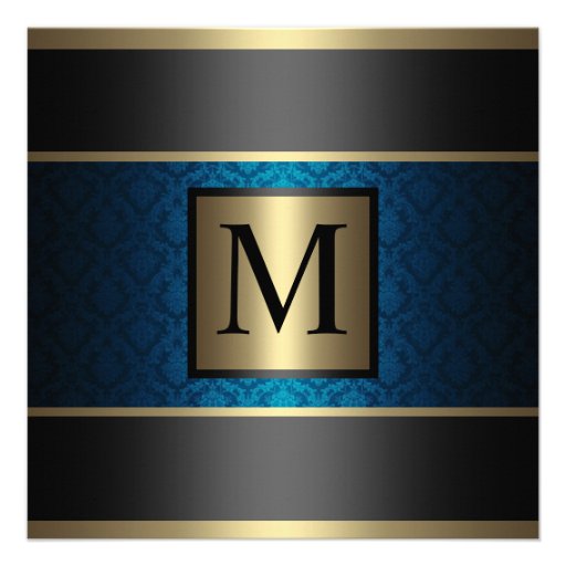 Monogram Damask Royal Blue, Black and Gold Custom Announcement