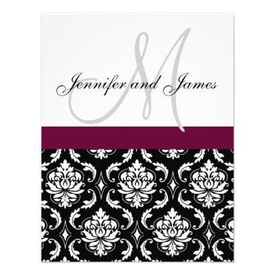 Monogram Damask Wedding Invitation Wine Red