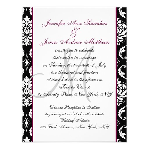 Monogram Damask Wedding Invitation Wine Red