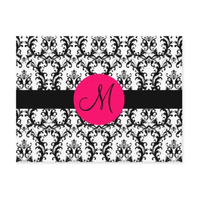 Monogram Damask Wedding Thank You Card Fuchsia Postcards