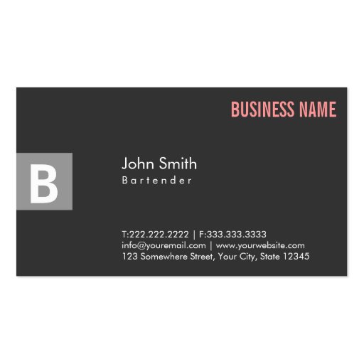 Monogram Dark Grey Bartender Business Card (front side)