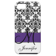 Monogram Dark Purple Black White Floral Damask iPhone 5 Covers