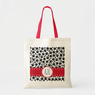 Monogram - Dog Paws, Trails - White Black Red Tote Bags