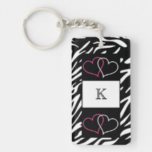 Monogram Double Heart Zebra Print Acrylic Keychain