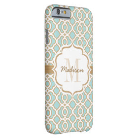 Monogram Eggshell Blue and Gold Quatrefoil Barely There iPhone 6 Case
