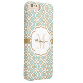 Monogram Eggshell Blue and Gold Quatrefoil Barely There iPhone 6 Plus Case