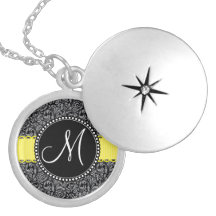 Monogram Elegant Black Silver Damask Yellow Ribbon Custom Necklace