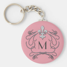 Monogram Elegant Fleur de Lis Pink Silver Key Chain